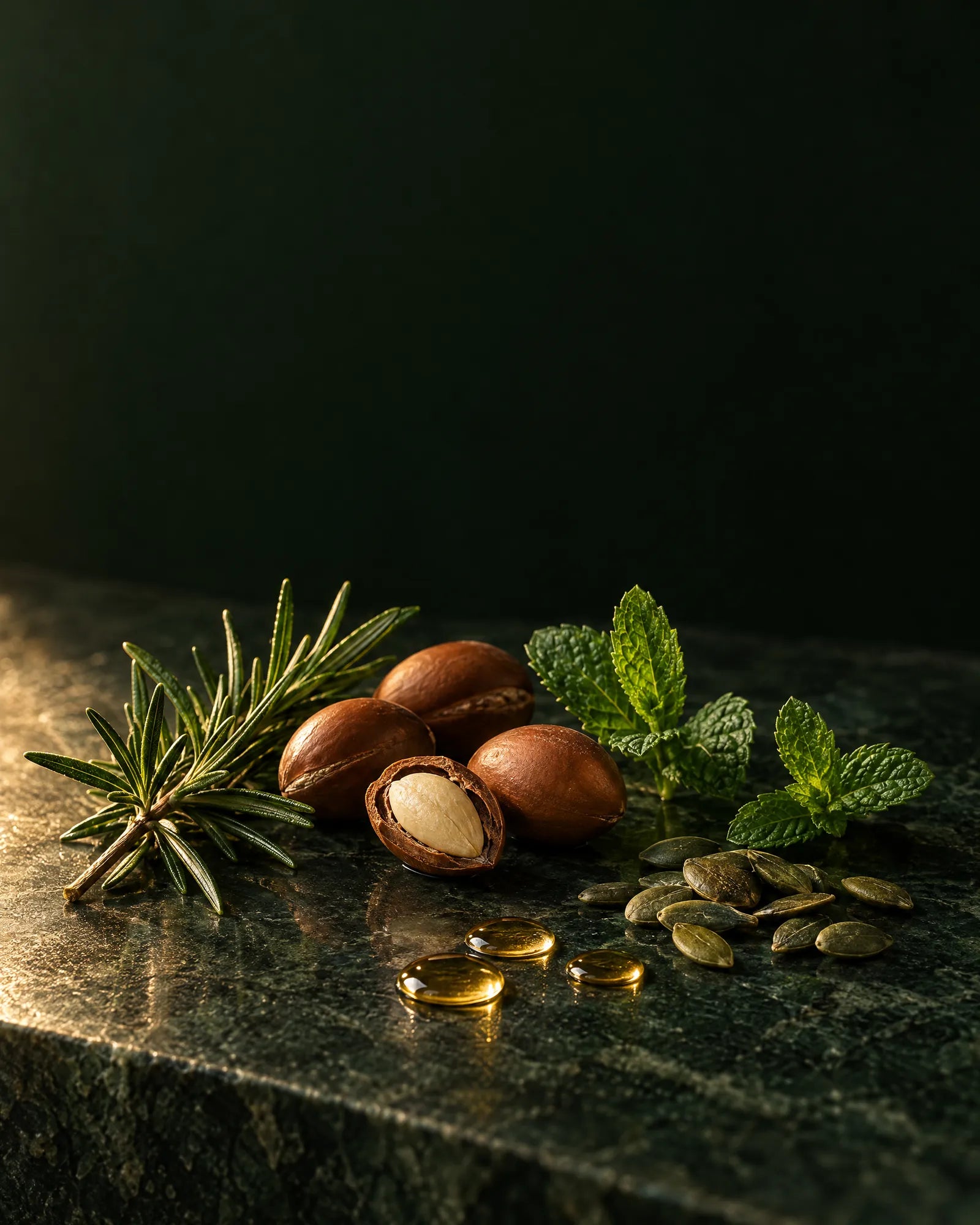 مكوّنات طبيعية على رخام داكن